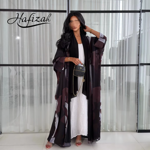 Abaya Aberta de Chiffon com Estampa Abstrata Personalizada Hafizah, Estilo Dubai, <span class=keywords><strong>Kimono</strong></span> Modesto para Mulheres Muçulmanas, Uso Diário - Product Image 1
