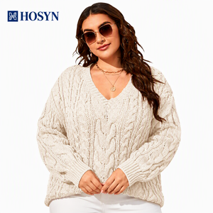 Maglione Oversize da Donna HOSYN in Maglia a Treccia con Scollo a V e Spalle Cadenti, Testurizzato, <span class=keywords><strong>per</strong></span> Autunno, Taglie Forti - Product Image 1