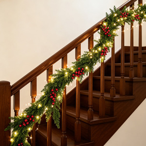 Brocade Flower Christmas Garland 48 <b>Branches</b> Red Berries Led <b>Lights</b> Staircase Decoration - Product Image 1