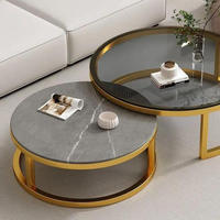 Ensemble de tables basses gigognes modernes, hauteur réglable, plateau en panneau de roche nano, pieds en métal doré, design pliable pour salon