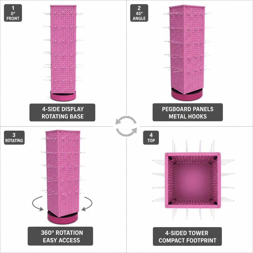 Wholesale Custom 4-Side Rotating Metal Pegboard Display Rack Floor Standing Rotary Stand Retail Shop Display Merchandising OEM — view 3