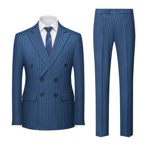 Nouveaux costumes d'affaires coréens à double boutonnage à rayures minces pour hommes deux pièces Double <span class=keywords><strong>tenue</strong></span> de marié de <span class=keywords><strong>mariage</strong></span> d'hôte ouverte - Product Image 2