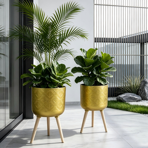 Pot de plante géométrique minimaliste en relief, grand pot pour palmier, décoration intérieure pour salon, pots à plantes avec <span class=keywords><strong>support</strong></span> trépied en <span class=keywords><strong>bois</strong></span> naturel - Product Image 3