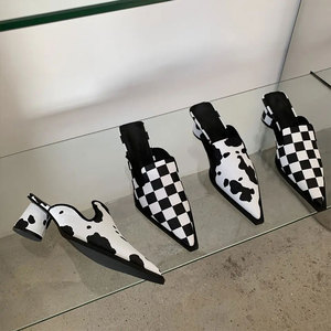 Primavera estate nuove scarpe da donna bianche di mucca <span class=keywords><strong>con</strong></span> <span class=keywords><strong>tacco</strong></span> <span class=keywords><strong>basso</strong></span> a punta <span class=keywords><strong>sandali</strong></span> <span class=keywords><strong>con</strong></span> griglia in bianco e nero disponibili in magazzino - Product Image 4