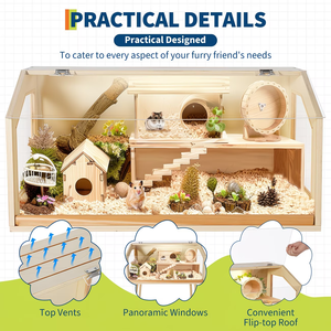 <span class=keywords><strong>Cage</strong></span> en bois naturel pour hamster, habitat intérieur pour petits animaux avec fenêtre en acrylique et dessus ouvrable. - Product Image 3