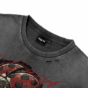 T-shirts respirants pour hommes, style streetwear oversize, gris délavé vintage, motif coccinelle cyberpunk avec impression de lettres, pour la vente en gros - Product Image 4