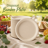 Assiettes jetables personnalisées en fibre de bambou, plateaux ronds de 6, 7 et 9 pouces, vaisselle pour dîner, pour fêtes, camping et plats à emporter