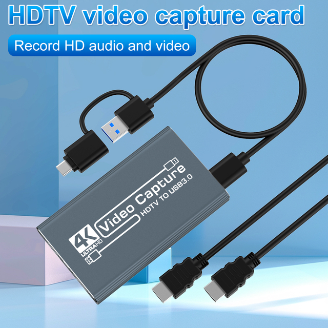 Metal USB 3.0 4K Gaming HDTV Capture Card Live Streaming Video Equipment with 2 Cable for Laptop