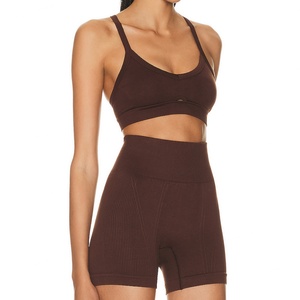 High Quality <b>Cross</b> Back Yoga <b>Tops</b> High Waist Ribbed Shorts Front Hollow Design Active Wear Set Plus Size OEM Supplied Breathable - Product Image 1