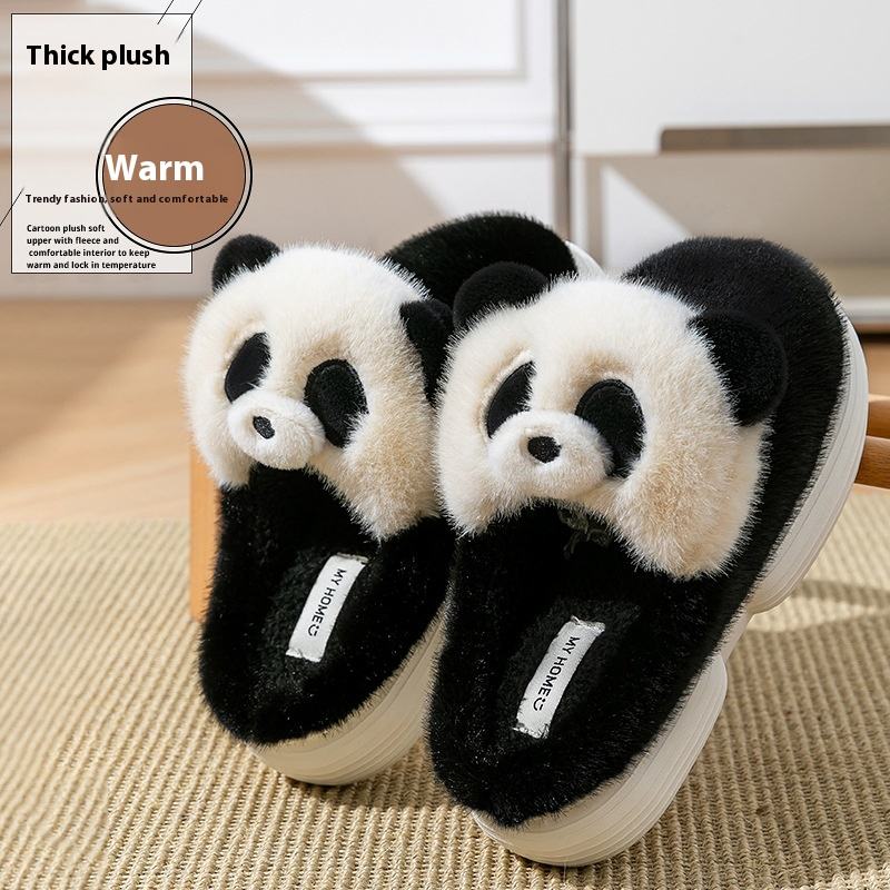 Cartoon Panda Fluffy Fur for Slippers 2025 Autumn Winter Thickened Non-Slip Indoor Home Warm Stylish Comfortable Stylish
