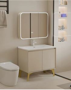 Mueble de Baño Moderno con Gran Espacio de Almacenamiento, Espejo con Iluminación LED, <span class=keywords><strong>Lavabo</strong></span> de Cerámica, Mueble de Pie para Villas y Apartamentos - Product Image 5