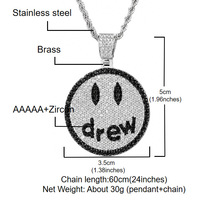 Collier pendentif Drew Smiley Face en cuivre incrusté de zircon, collier en cristal scintillant, bijoux de mode streetwear hip hop