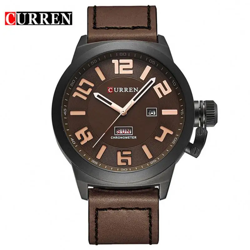 CURREN 8270 trending Brown men quartz watch low price Genuine Leather band waterproof date display big number sports wrist watch