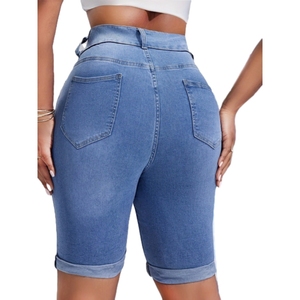 Pantalon midi en denim extensible à taille haute et double boutonnage, style cycliste pour femme, tendance - Product Image 3