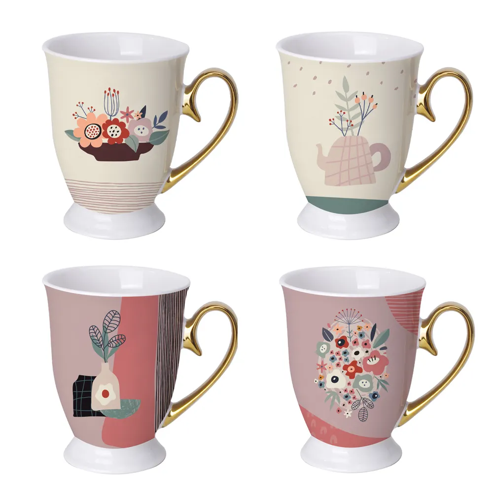 Tazas de té de flores con mango dorado elegante, calcomanía personalizada de hueso nuevo Real, copa de cerámica, taza para beber café