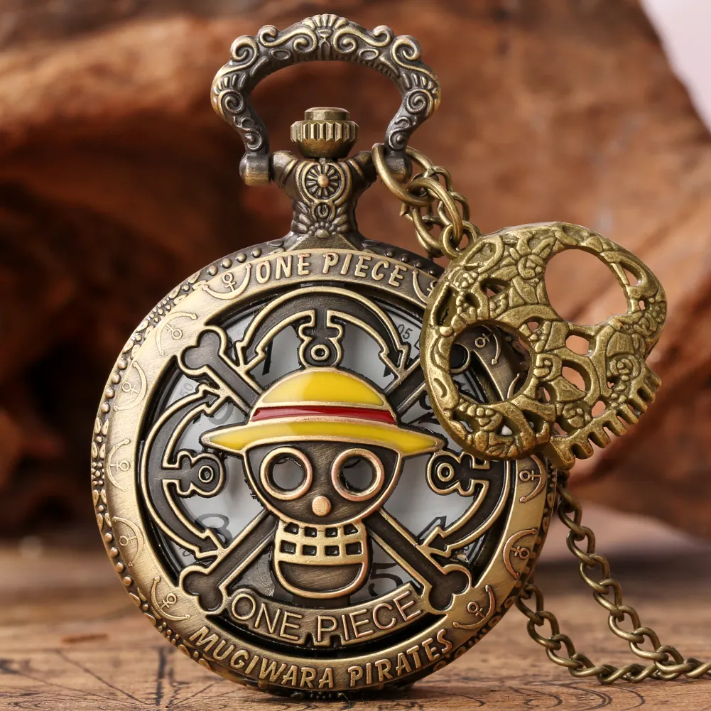 Regalo Vintage Luffy pirata teschio di un pezzo in metallo ciondolo collana orologio Anime orologio da tasca con catena