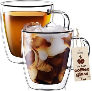 <span class=keywords><strong>Tasses</strong></span> à café en verre transparent à double paroi isolées résistantes à la chaleur personnalisées de 12 oz et 16 oz avec poignée pour expresso, latte, cappuccino, thé - Product Image 1