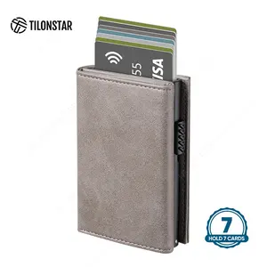 Men's Card Case RFID Blocking Front Pocket Cowhide Leather Wallet Card Protector Pop Up Design Credit Card Holder Aluminum Metal