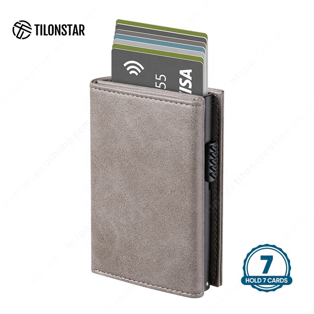 Men's Card Case RFID Blocking Front Pocket Cowhide Leather Wallet Card Protector Pop up Design Credit Card Holder Aluminum Metal