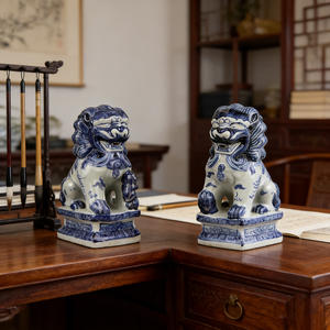 Décoration de salon en céramique écologique faite à la main, style Art déco, motif de lions de temple, porcelaine bleue et blanche - Product Image 2