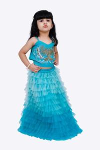 Top Elaisha sin mangas con bordado y malla, con lehenga de malla - Azul - Product Image 3