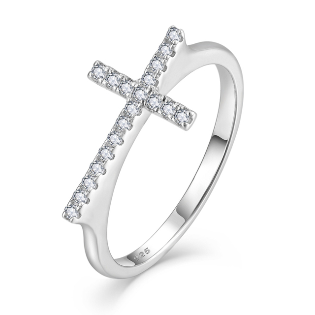 Rhodium Plated Minimalist Design Cross Ring Cubic Zirconia Inlay Trendy Jewelry 925 Sterling Silver Cross Ring for Women
