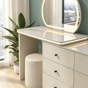 Ensemble coiffeuse crème brillant avec miroir LED rond, tabouret cylindrique horizontal à 6 tiroirs, armoire extensible et bureau de maquillage - Product Image 2