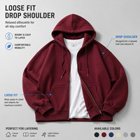 Sweat à capuche unisexe en polyester/coton 460 GSM avec fermeture éclair, texture robuste, doublure contrastante, cordon de serrage réglable, coupe courte et ample, idéal pour l'automne – En stock