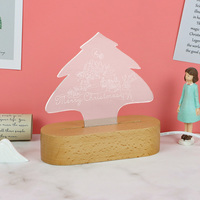 Lampe de nuit LED en acrylique en forme de sapin de Noël avec base en bois, lampe de table, lampe de décoration de bureau, cadeau de Noël pour enfants