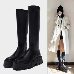 Botas Para Mujer <b>Block</b> Low Heel Black Leather 2025 Fall Women Shoes Fashion Boots - Product Image 5