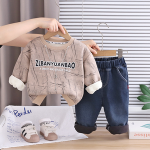Ropa de calle informal para niños de invierno 2025, Sudadera con capucha y letras relámpago, collar desmontable, conjunto de pantalones vaqueros con parche, tela tejida de 1-5 años, dibujos animados - Product Image 4