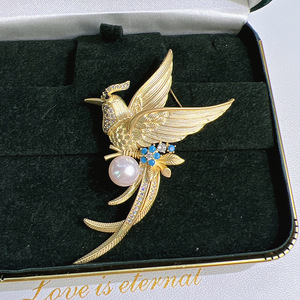 Broche Clásico de Flor de Pecho con Cera de Miel Mate y Chapado en Oro, con Diseño de Fénix y Ave del Paraíso, para Hombre y Mujer, con Perlas Naturales Blancas de 8-9mm - Product Image 6