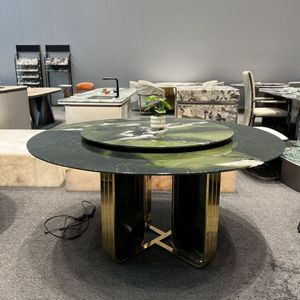 Mesa de cena redonda de lujo moderna de mármol natural verde importada para 6 patas de metal para uso doméstico y hotelero - Product Image 3