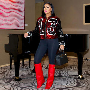 Novedad de primavera <span class=keywords><strong>2023</strong></span>, chaqueta con cremallera de lentejuelas para mujer, chaqueta Versity con cuello <span class=keywords><strong>POLO</strong></span> y letras, Chaqueta de manga larga con lentejuelas para mujer - Product Image 4