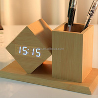 Horloge de bureau numérique LED créative, porte-stylo en bois, CNC multifonctionnel, personnalisable, accessoire de bureau de haute qualité