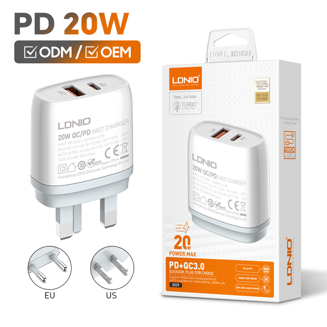 LDNIO Q229 Dual USB Ports 20W PD Charger QC3.0 Fast Charging Type C Mobile Phone USB Wall Charger for iPhone