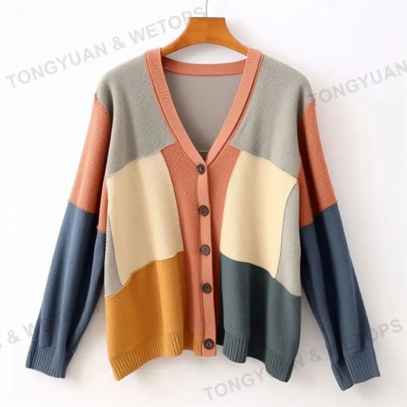 2024 Wholesale Fashion Top Selling Woman Knitwear Cardigan Sweater With Joint Color Plus Size