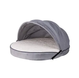 2023 designer new luxury fashion faux suede dog bed cot grey round portable double-faced pet bed for outdoor