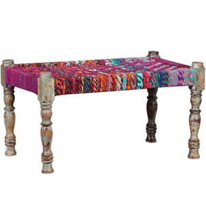 Otomana de Madera Hecha a Mano con Tapa de Tela Colorida, Estilo Ecléctico, Aspecto Antiguo, Mueble para Sala de Estar - Product Image 3
