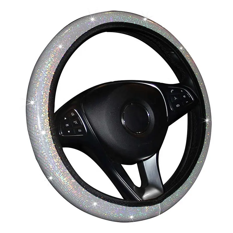 Penutup roda kemudi hitam, kristal berlian imitasi hitam mewah tidak licin 38 cm Universal Bling lintas batas e-commerce terlaris