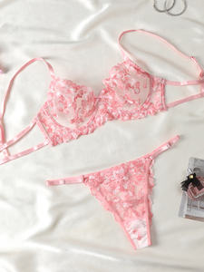 Ensemble de lingerie sexy pour femmes, vente chaude aux États-Unis, dentelle rose brodée, semi-transparente, lingerie érotique, fine, séduisante, sous-vêtements floraux taille basse - Product Image 2