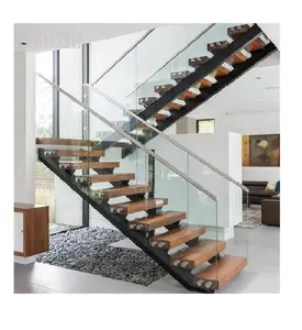 Indoor Home Design Wood Tread Straight Staircase With Standoff Glass Railing Balustrade