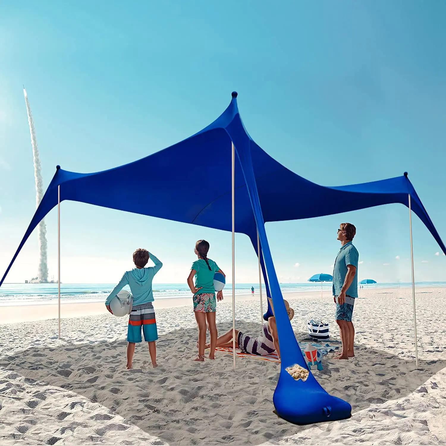 Tentes d'ombrage d'extérieur Camping en plein air, Tente de soleil familiale de plage, Tente de protection solaire Stabilité de l'abri 4 pôles avec support de transport portable