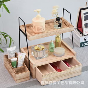Estante de almacenamiento de escritorio de madera, organizador de cosméticos de doble capa con cajón para tocador y condimentos de cocina - Product Image 2