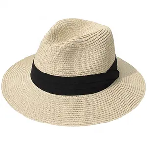 UPF50 donna estate a tesa larga sombreros de playa Fedora Beach Sun Panama Roll up cappello di paglia per le donne con logo personalizzato per le signore