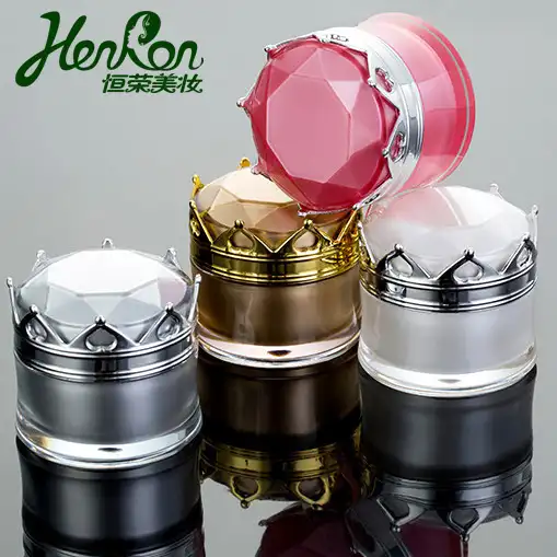Elegante 10g 20g 50g Versand fertige kosmetische Acryl creme Glasbehälter mit Kronen form Deckel Kosmetik gläser Großhandel