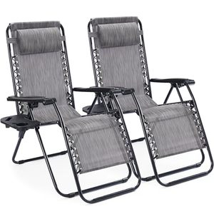 Ensemble de 2 chaises zéro gravité d'extérieur, chaises longues pliantes pour patio avec dossier réglable et porte-gobelets pour jardin et plage - Product Image 1