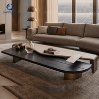 Table basse longue et basse en pierre frittée à grain de bois noir, avec incrustation ondulée bicolore bronze, pour salon de penthouse et villa, vente en gros, usine OEM