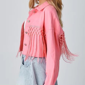 Nueva llegada Rosa Blanco recortado borla Denim mujer Howdy Chaqueta corta Jean blanco rasgado chaqueta con flecos - Product Image 2