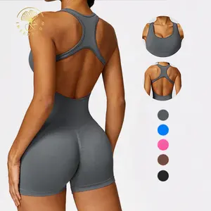 Pelele de entrenamiento sin costuras Scrunch Butt Activewear personalizado Fitness deportes Sexy gimnasio corto Yoga Mono para mujer de una pieza